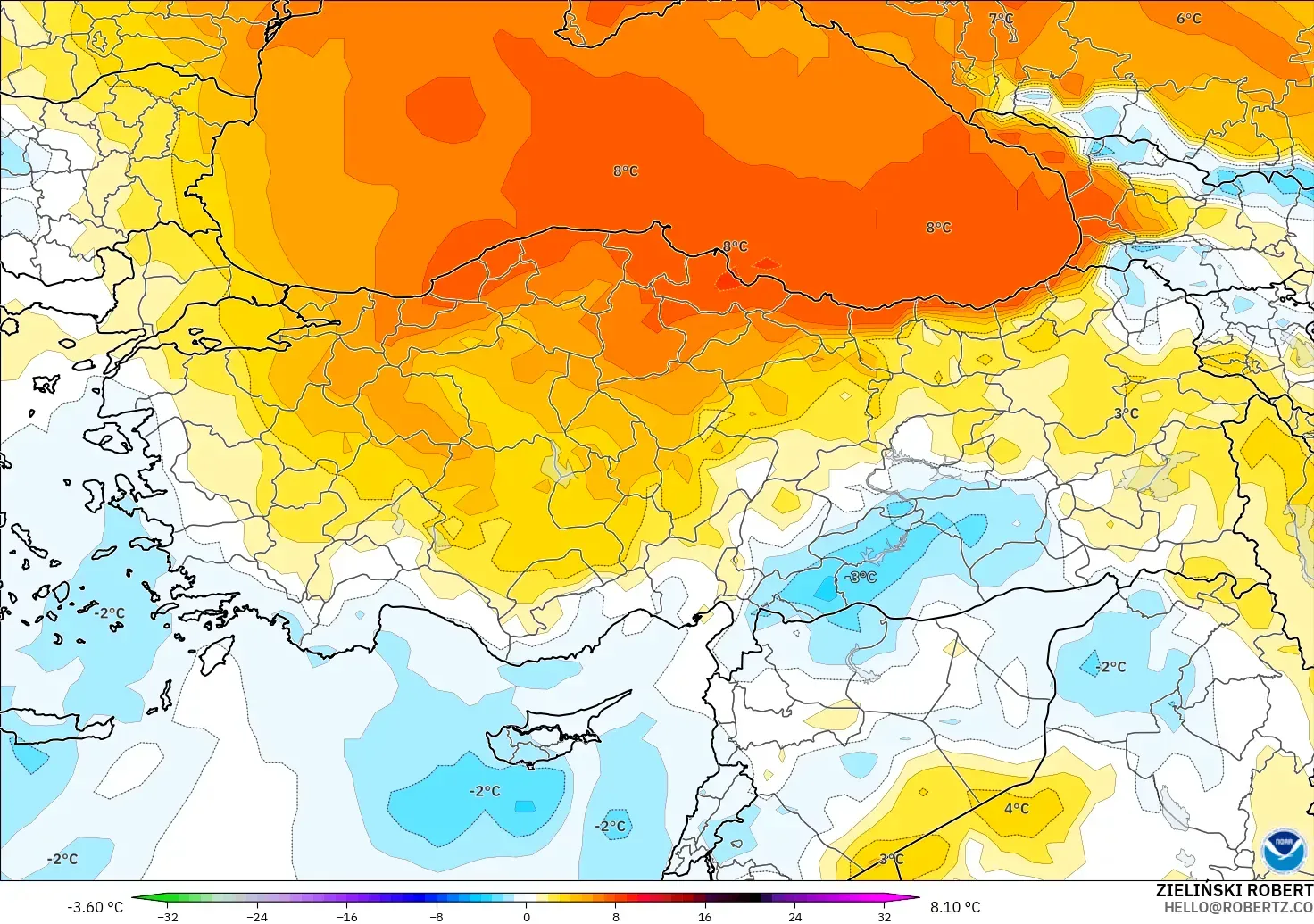 GFS model - Turkey, Temperature at 850hPa Anomaly