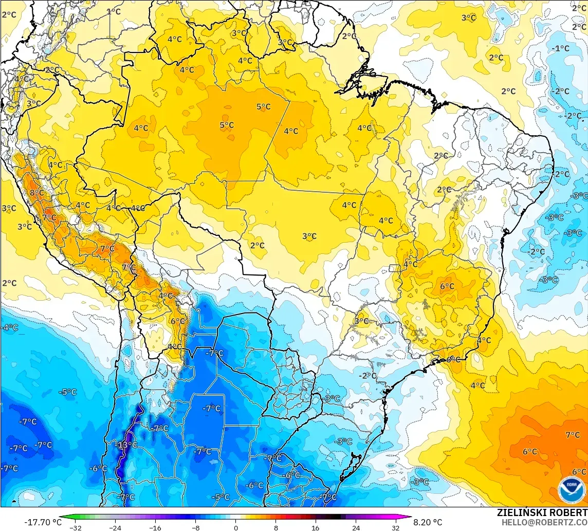 GFS model - Brazil, Temperature at 850hPa Anomaly