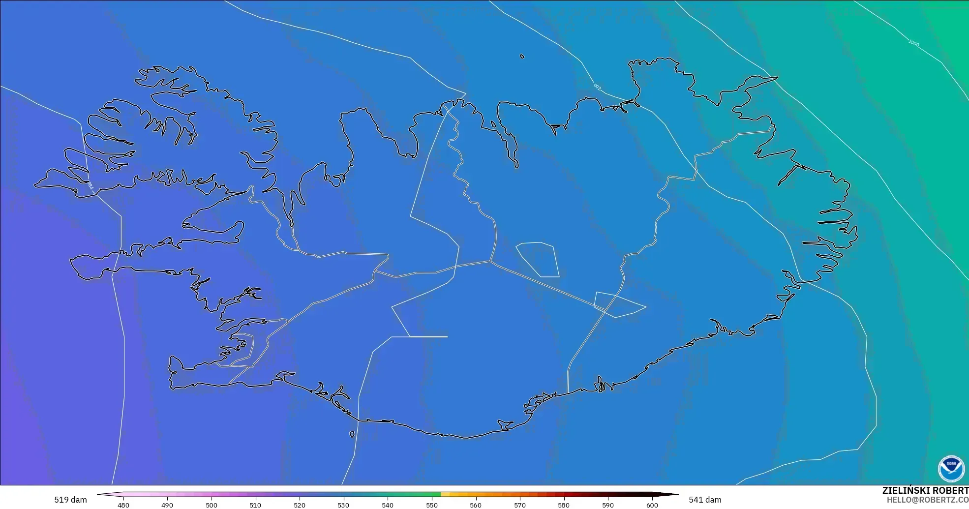 GFS model - Iceland, Geopotential height at 500hPa