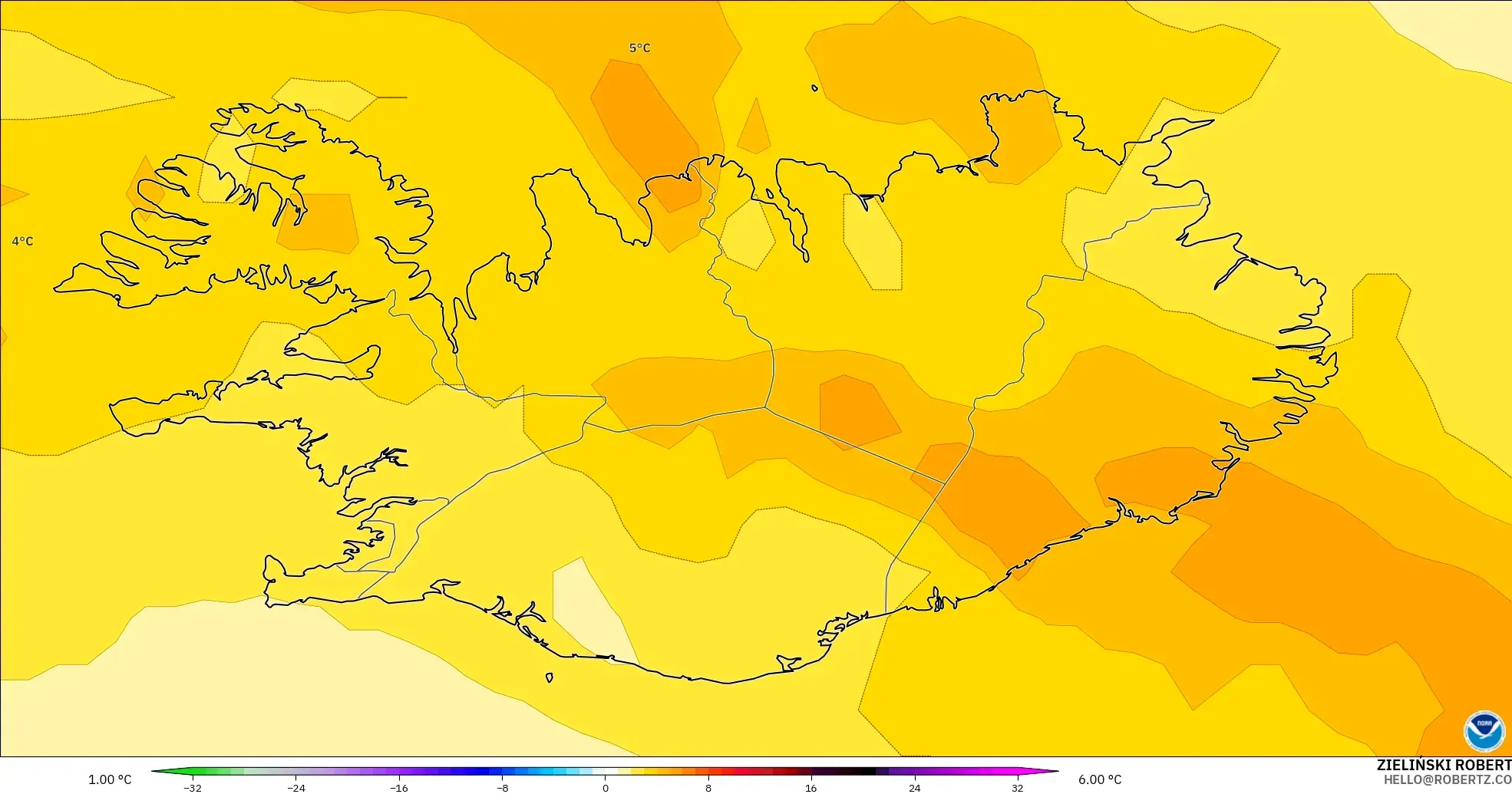 GFS model - Iceland, Temperature at 850hPa Anomaly
