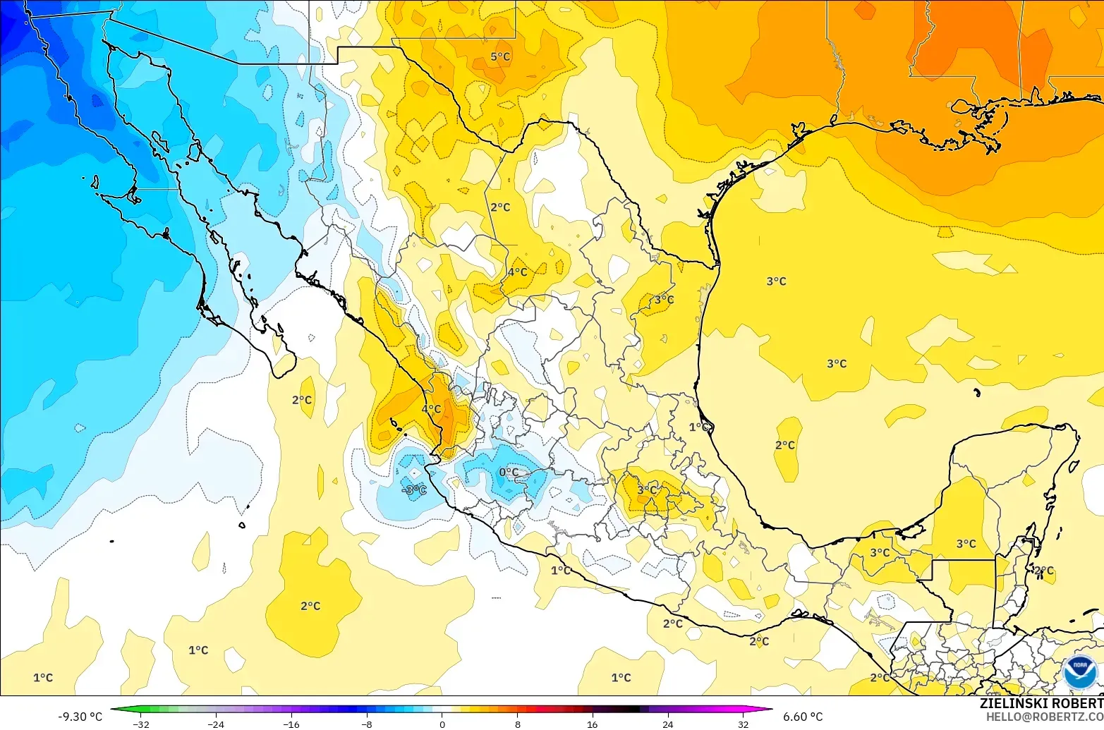 GFS model - Mexico, Temperature at 850hPa Anomaly