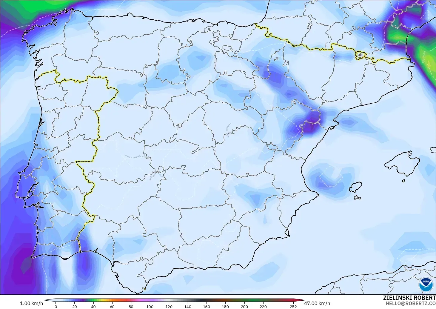GFS model - Spain, Wind Gusts Peak