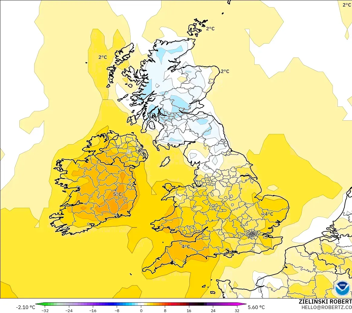 GFS model - United Kingdom, Temperature at 2m Anomaly
