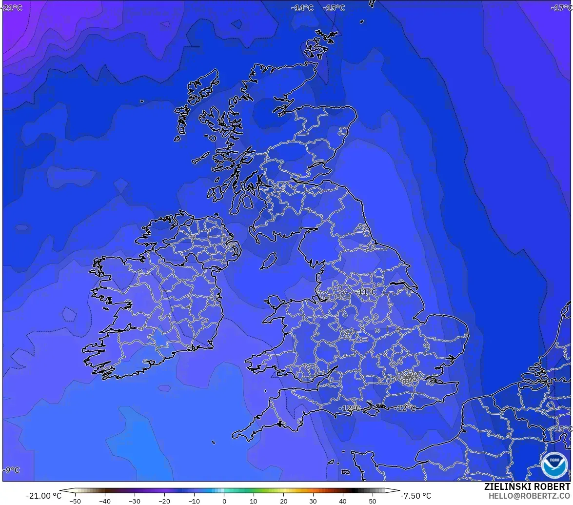 GFS model - United Kingdom, Temperature at 500hPa