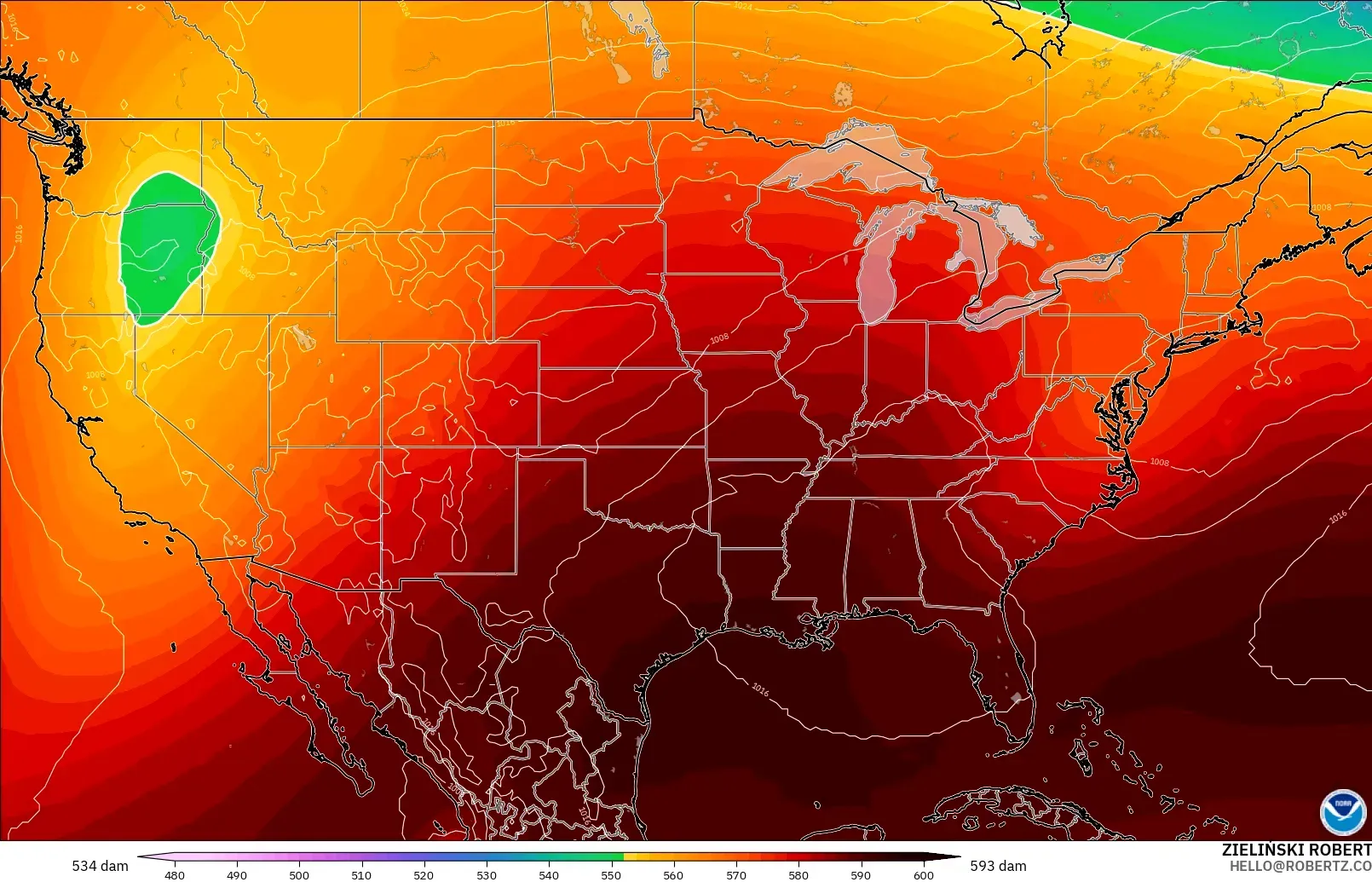 GFS model - United States, Geopotential height at 500hPa