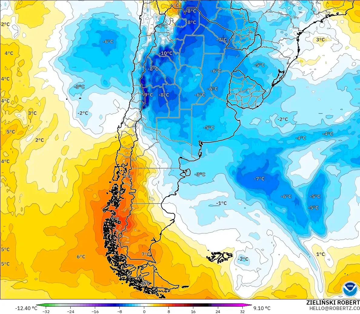 GFS model - Argentina, Temperature at 850hPa Anomaly