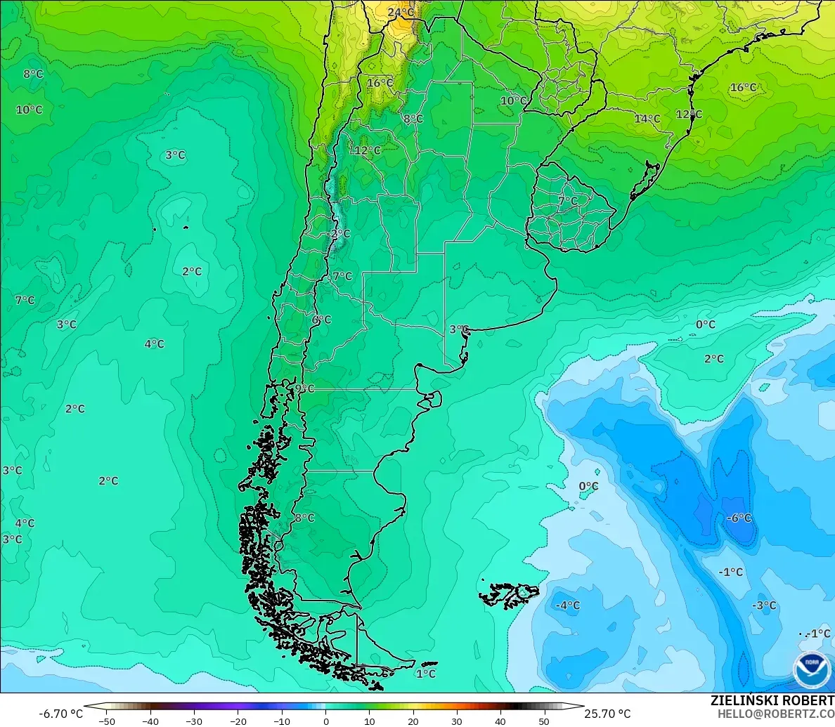 GFS model - Argentina, Temperature at 850hPa