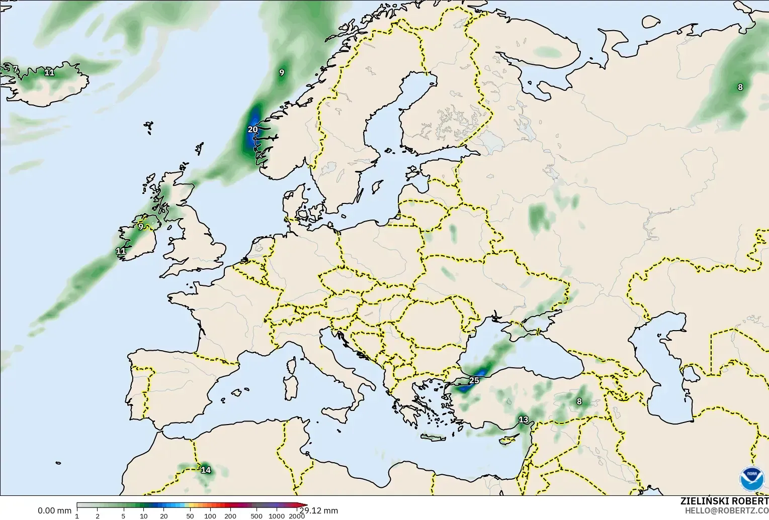 GFS model - Europe, Precipitation Accumulation