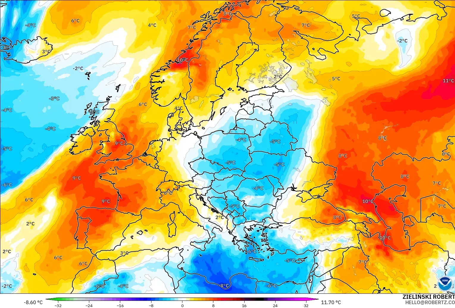 GFS model - Europe, Temperature at 850hPa Anomaly