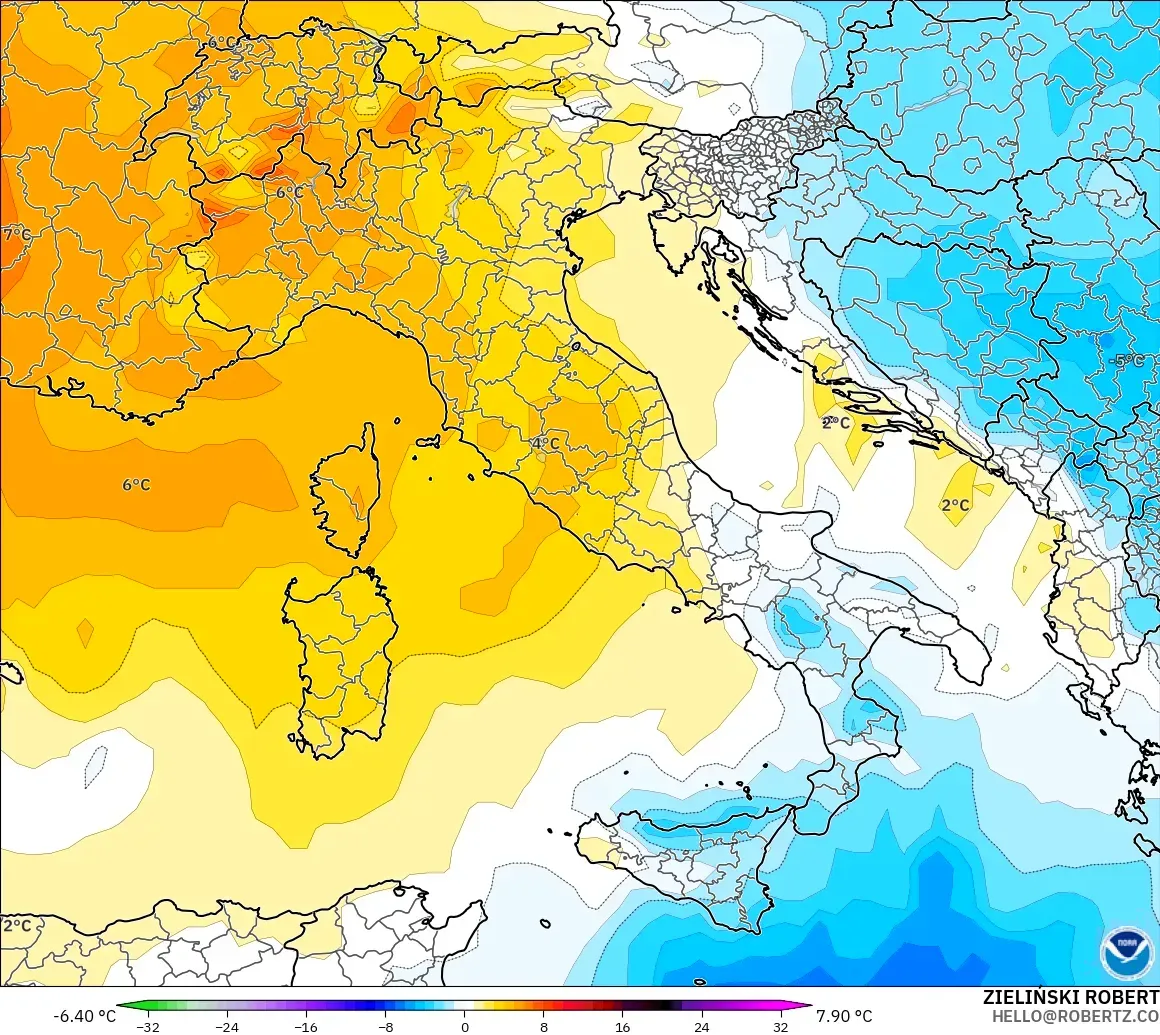 GFS model - Italy, Temperature at 850hPa Anomaly