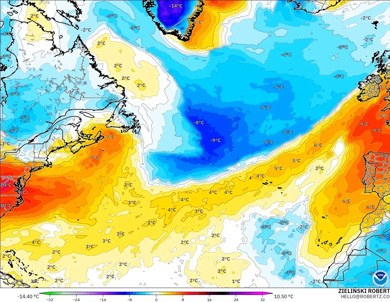GFS model - North Atlantic, Temperature at 850hPa Anomaly