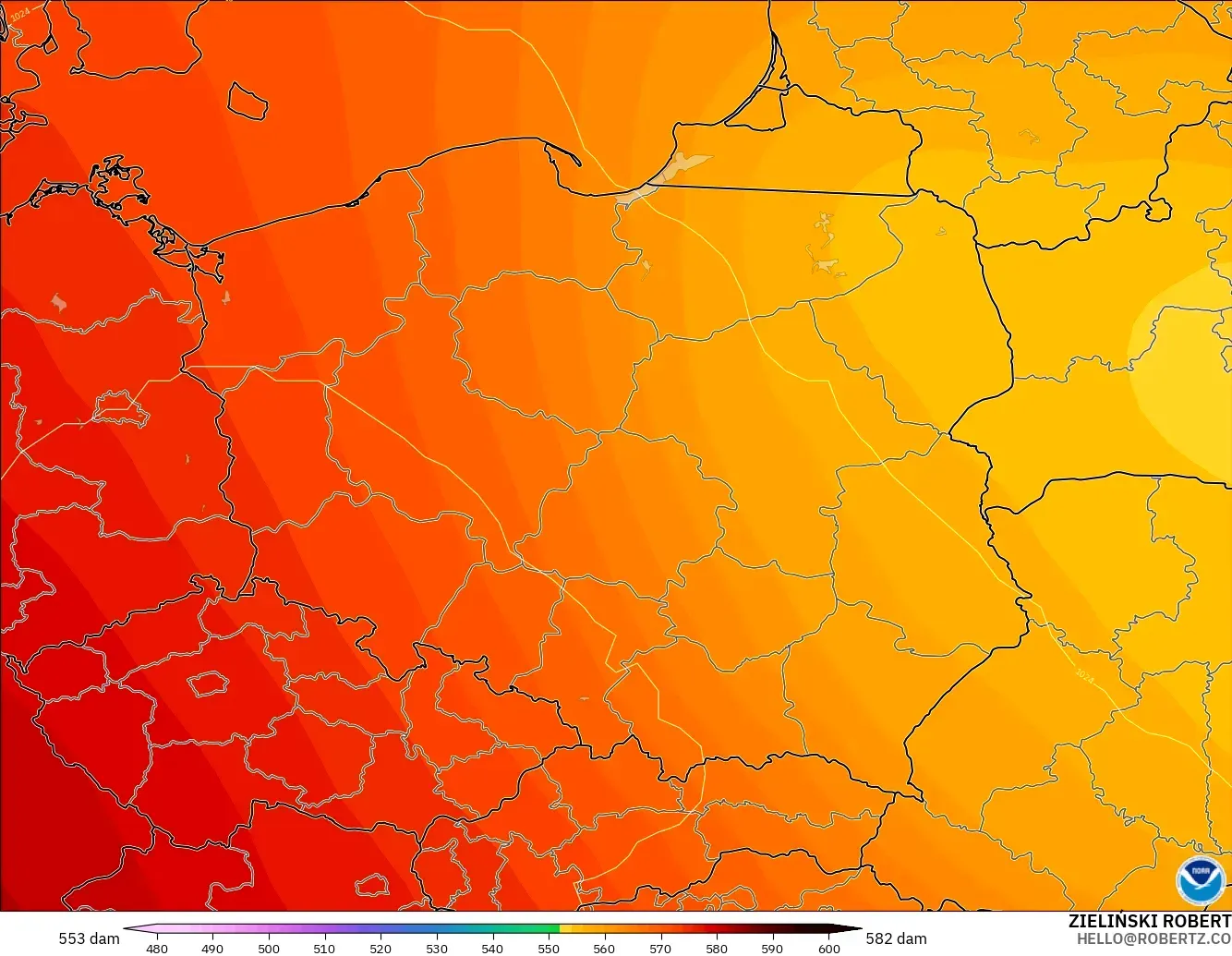 GFS model - Poland, Geopotential height at 500hPa