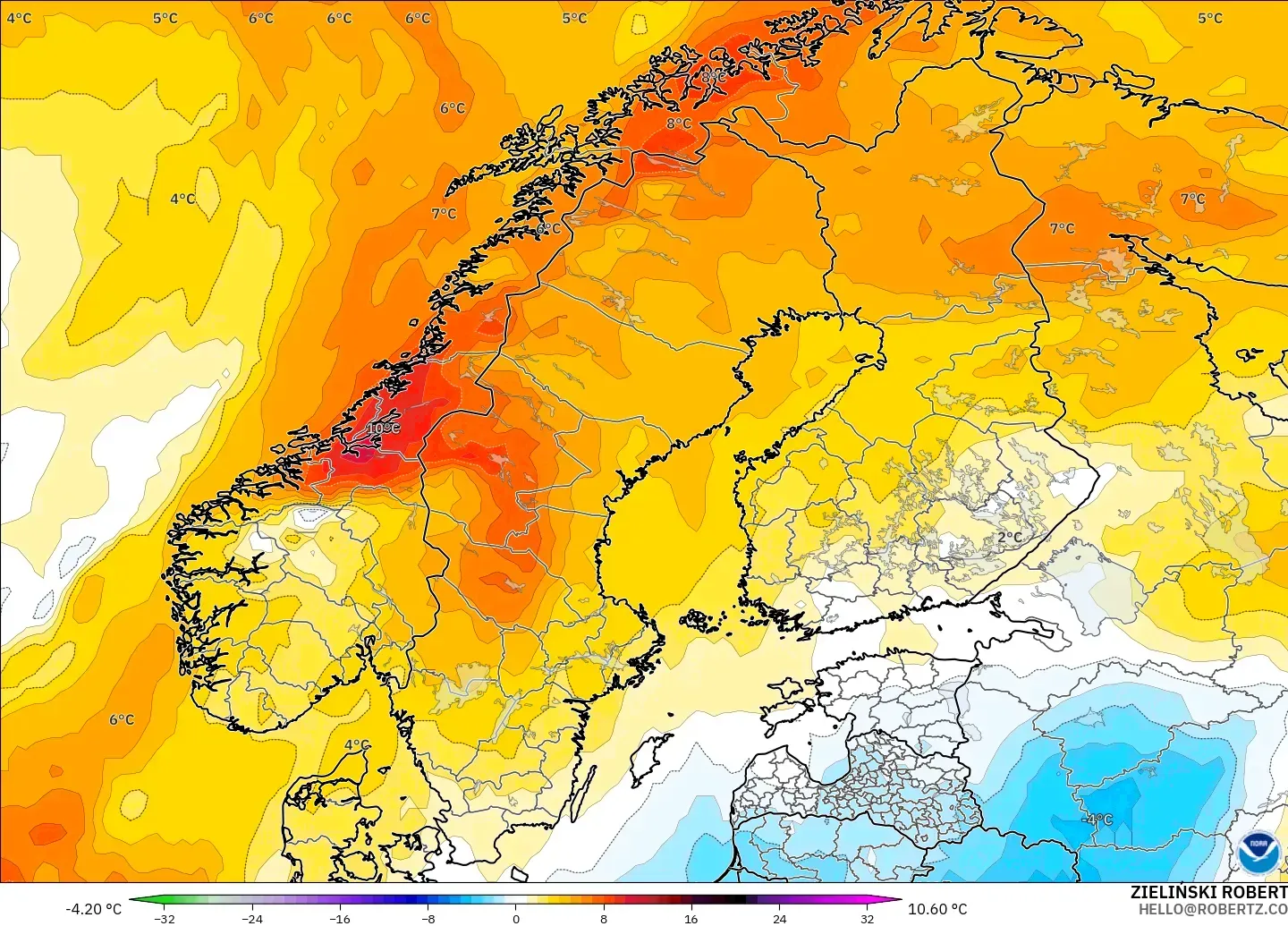 GFS model - Scandinavia, Temperature at 850hPa Anomaly