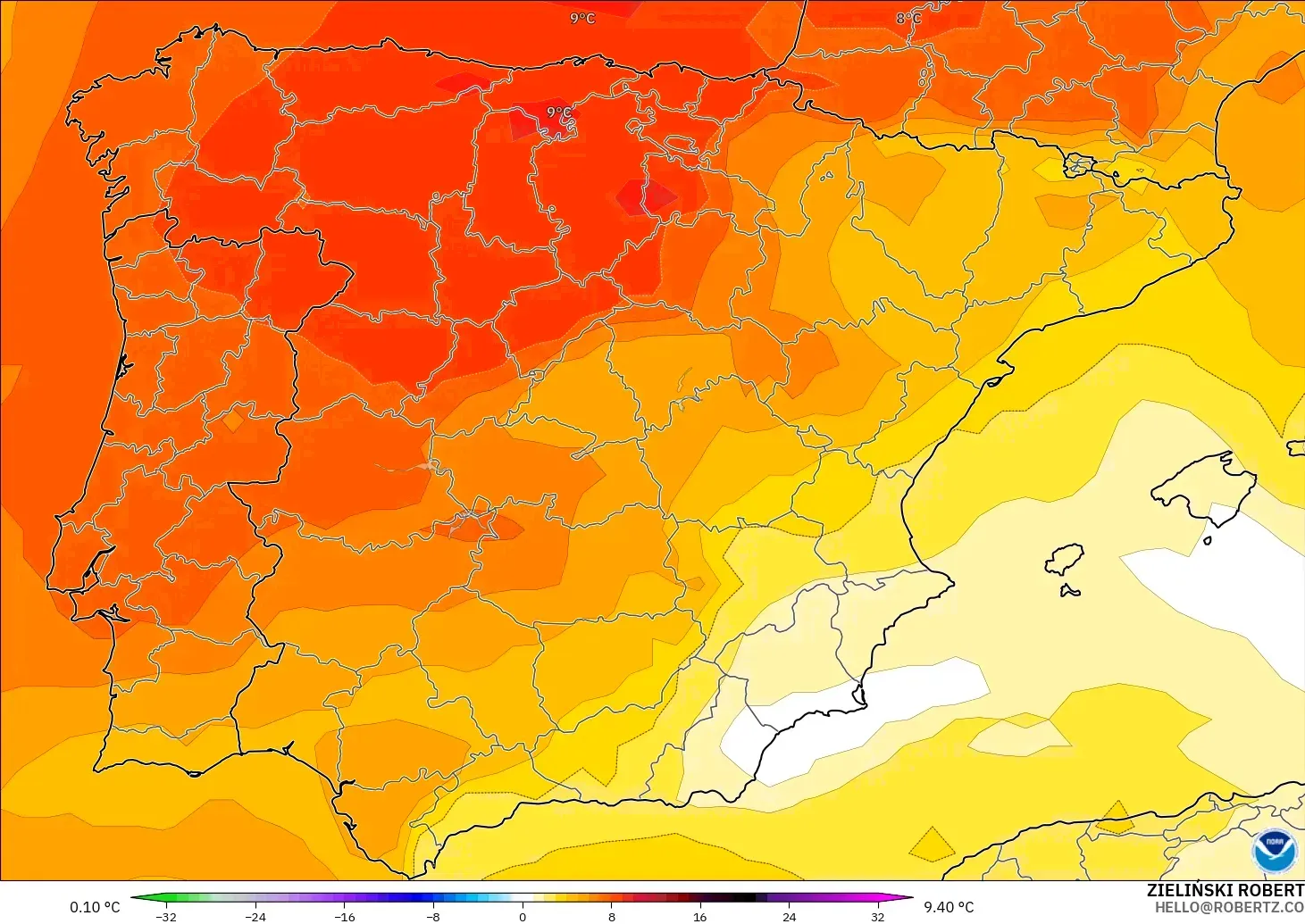 GFS model - Spain, Temperature at 850hPa Anomaly
