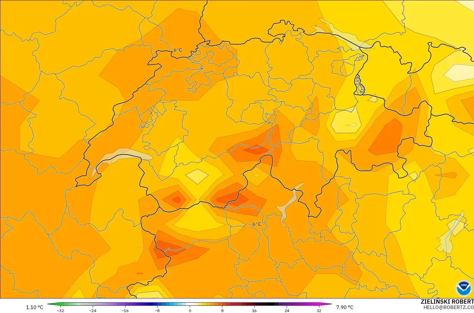 GFS model - Switzerland, Temperature at 850hPa Anomaly