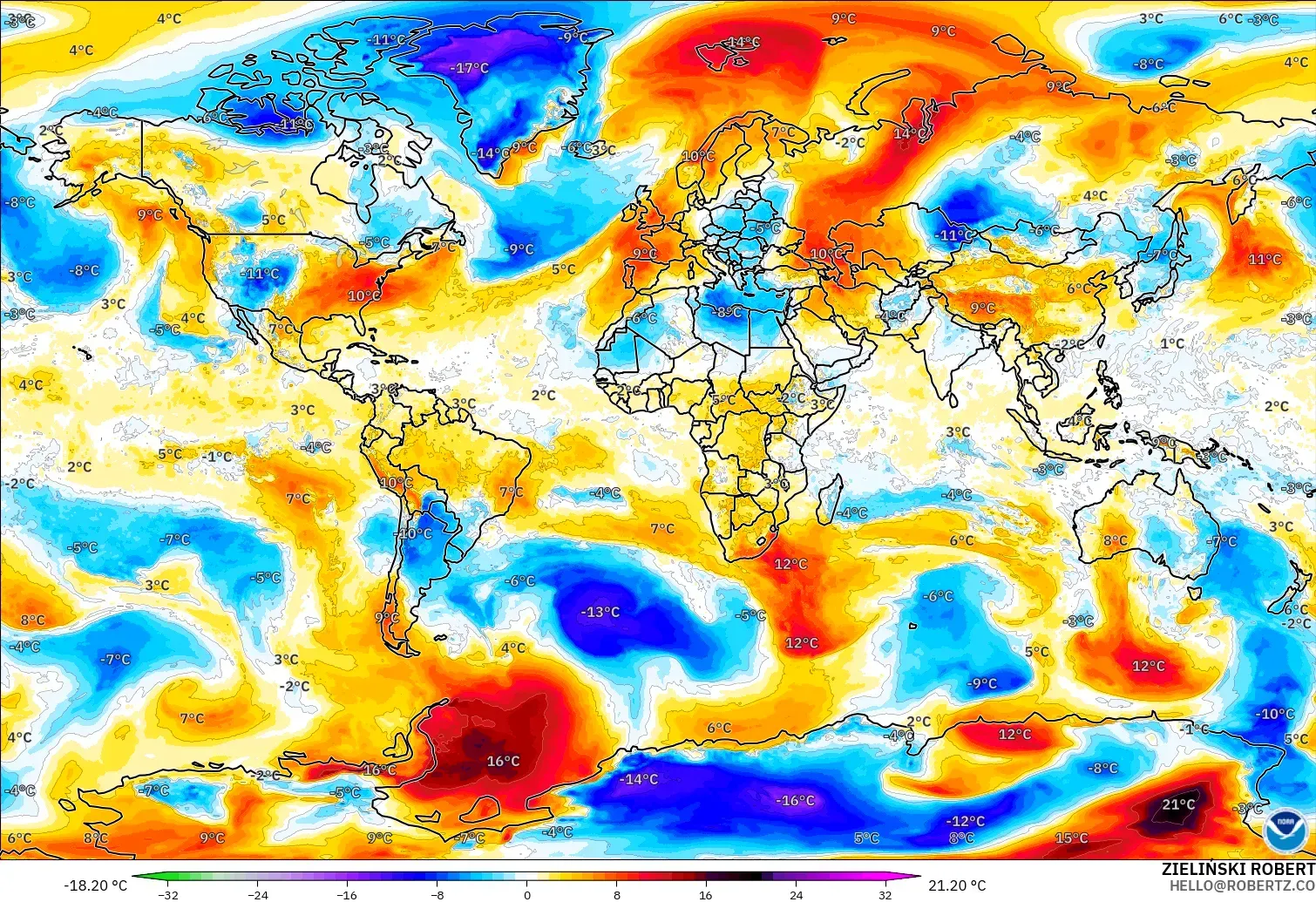 GFS model - World, Temperature at 850hPa Anomaly