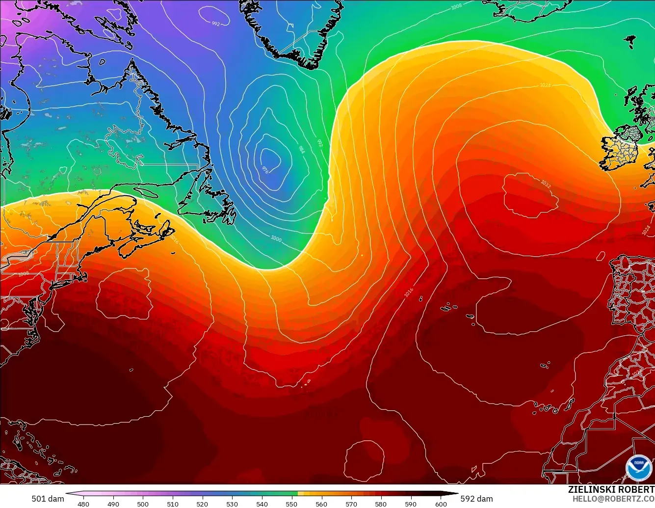 GFS model - North Atlantic, Geopotential height at 500hPa