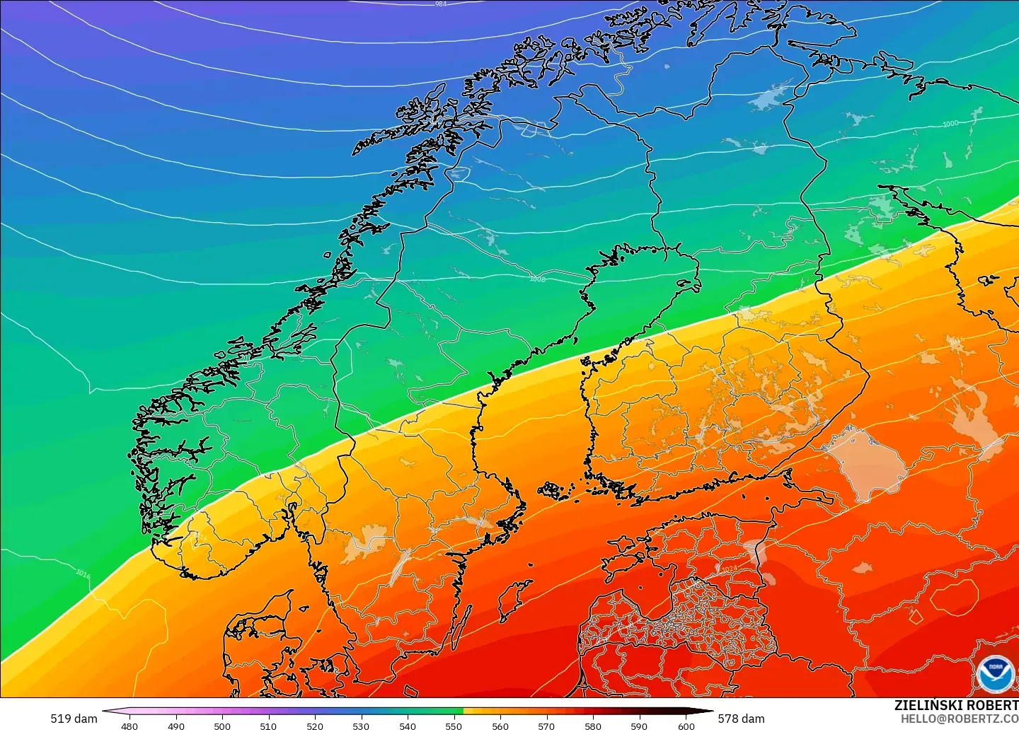 GFS model - Scandinavia, Geopotential height at 500hPa