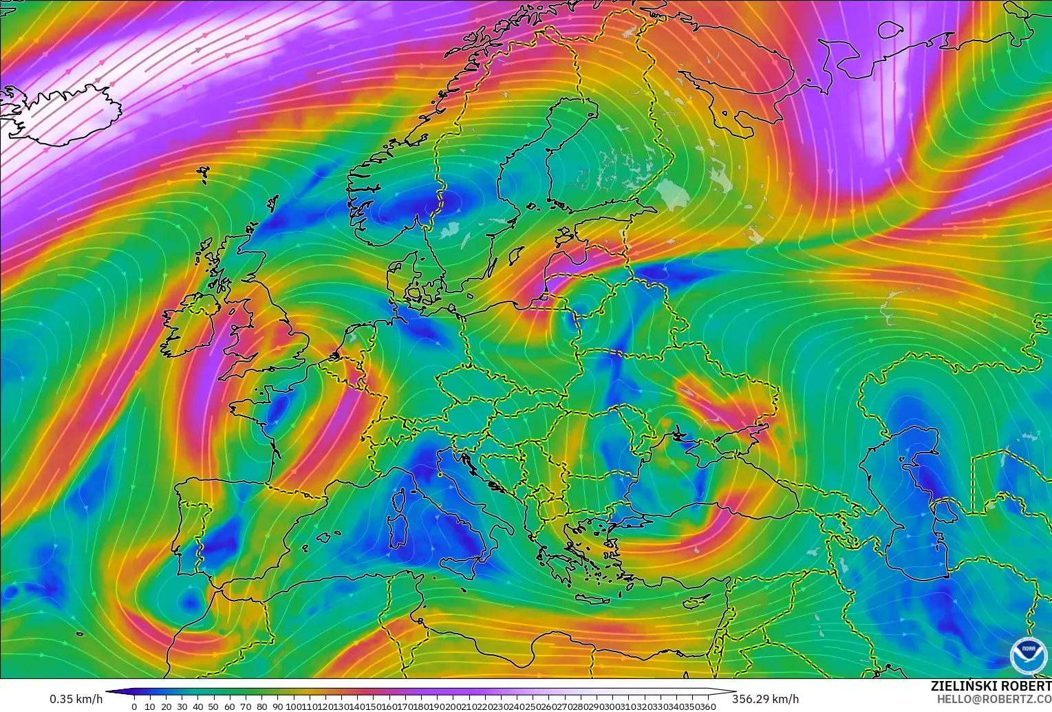 GFS model - Europe, Wind at 300hPa (jet stream)