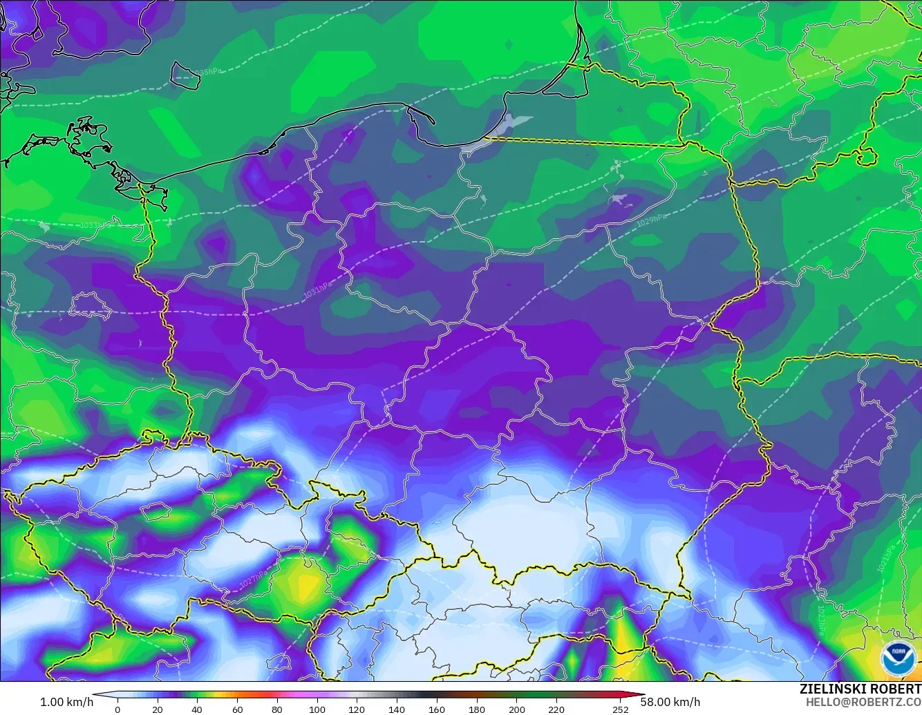 GFS model - Poland, Wind Gusts