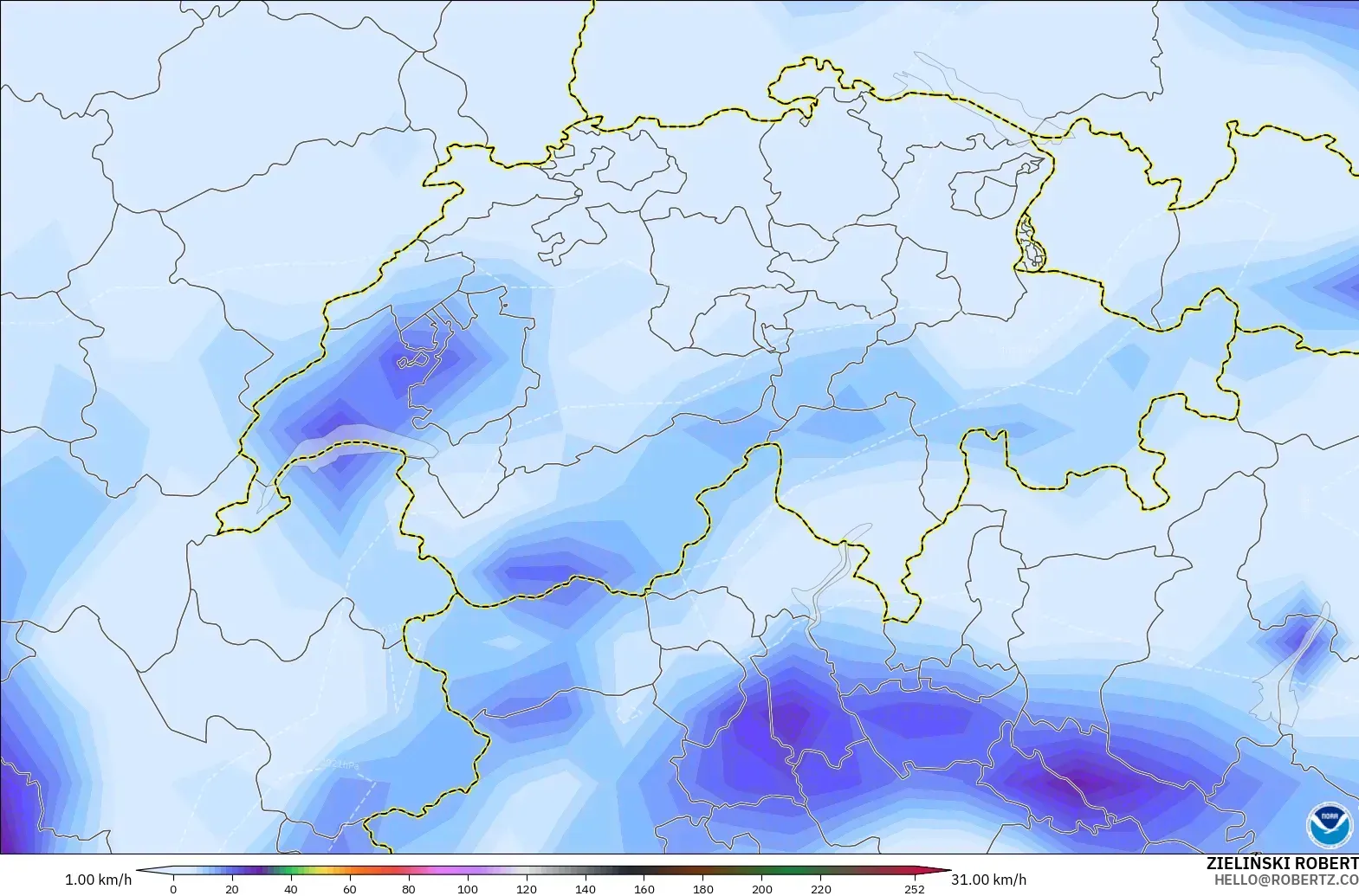 GFS model - Switzerland, Wind Gusts