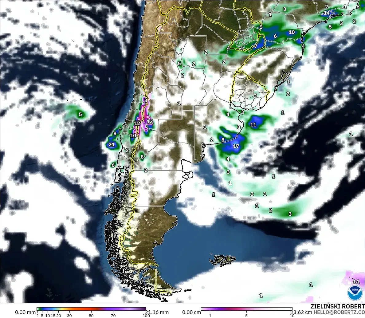 GFS model - Argentina, Precipitation, Clouds, and Pressure