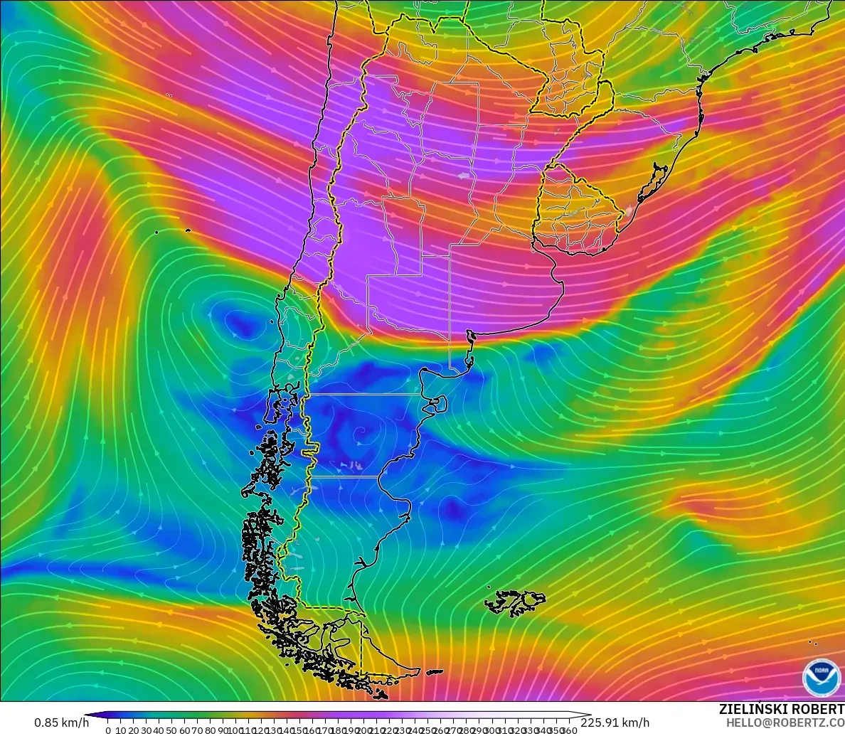GFS model - Argentina, Wind at 300hPa (jet stream)
