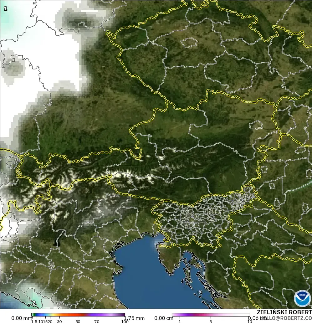 GFS model - Austria, Precipitation, Clouds, and Pressure