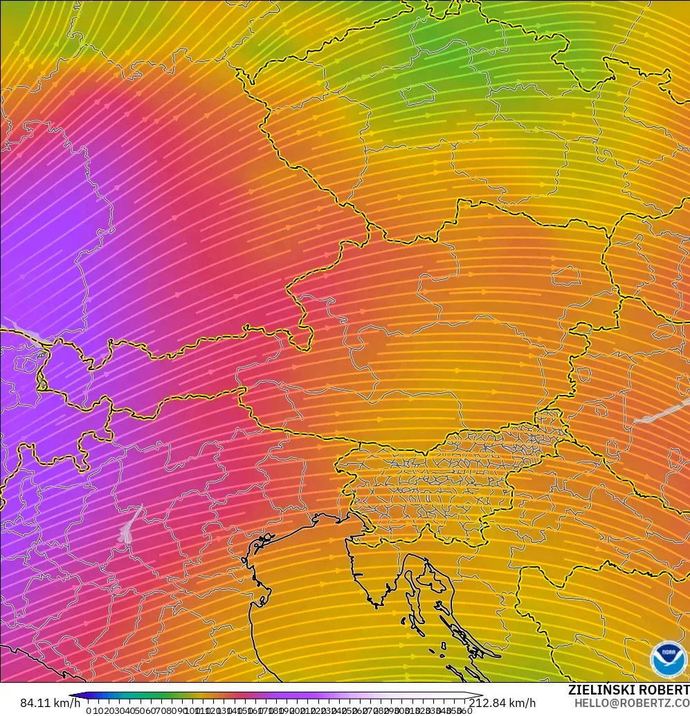 GFS model - Austria, Wind at 300hPa (jet stream)