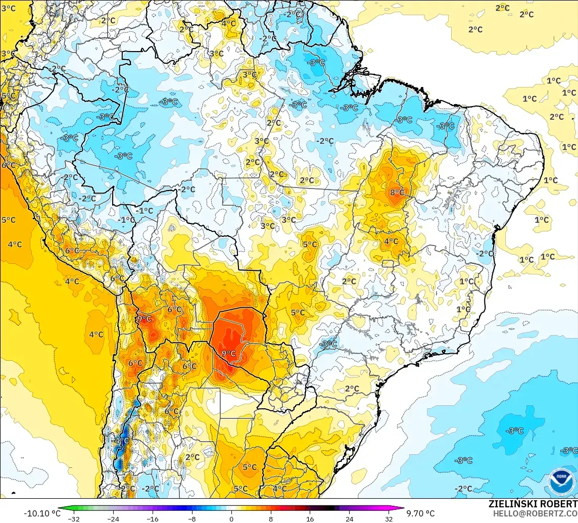 GFS model - Brazil, Temperature at 2m Anomaly