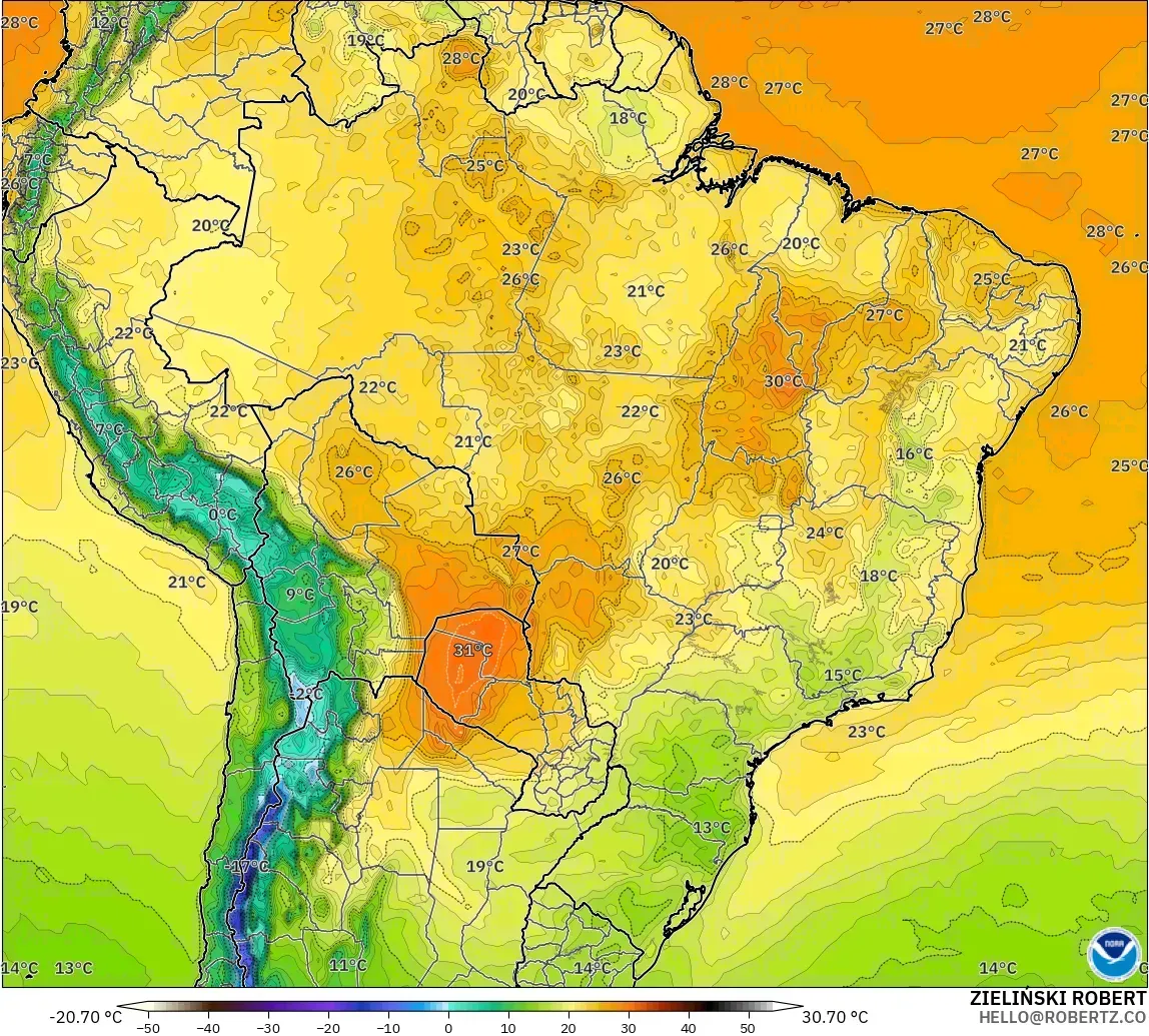 GFS model - Brazil, Temperature at 2m