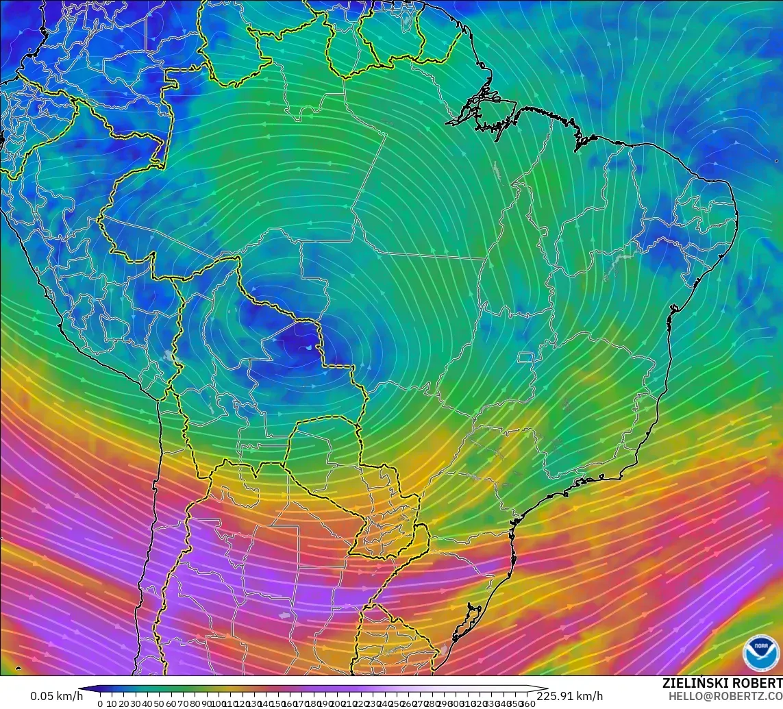 GFS model - Brazil, Wind at 300hPa (jet stream)