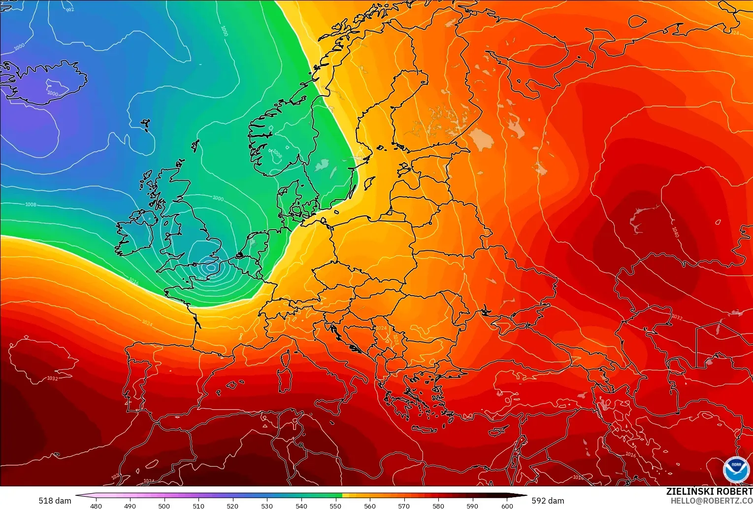 GFS model - Europe, Geopotential height at 500hPa