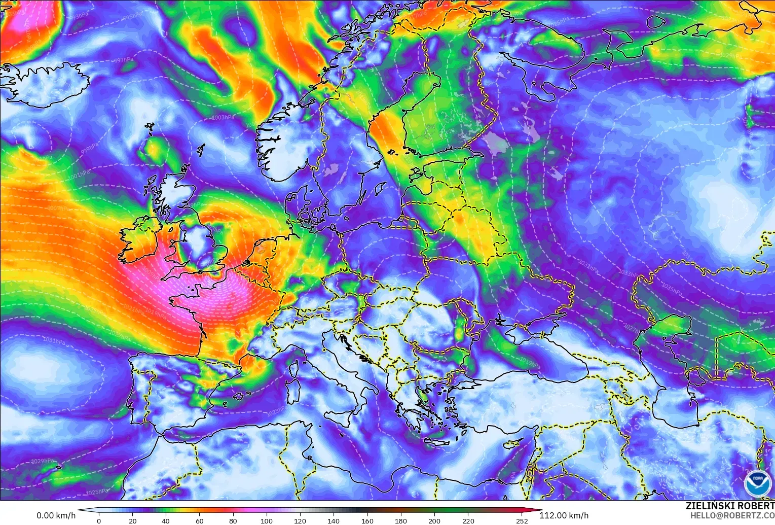 GFS model - Europe, Wind Gusts