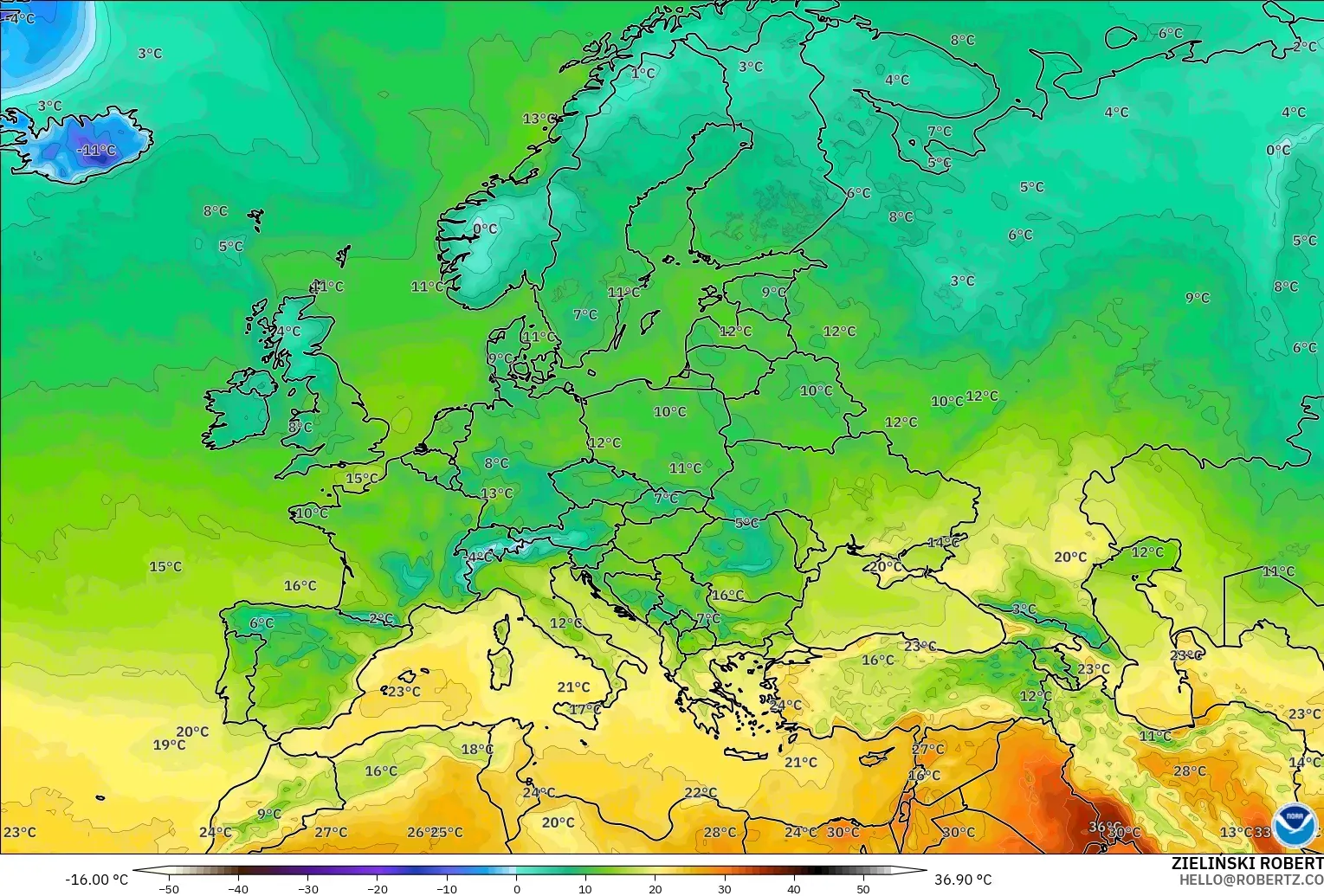 GFS model - Europe, Temperature at 2m