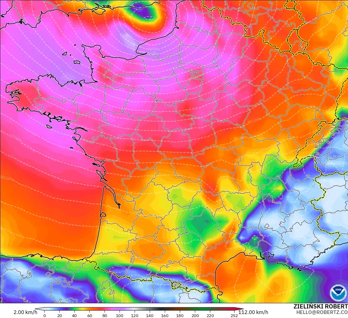 GFS model - France, Wind Gusts