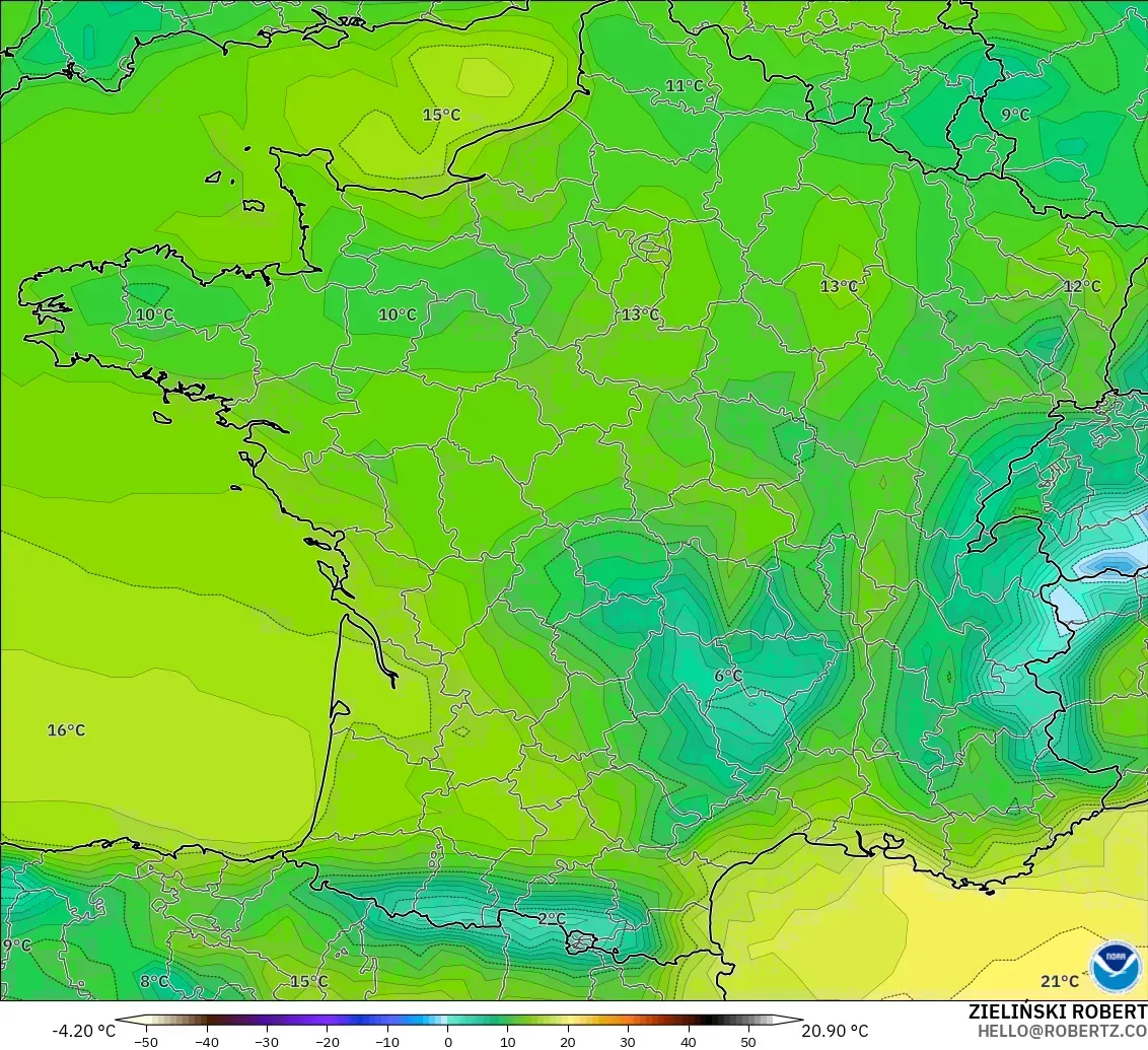 GFS model - France, Temperature at 2m