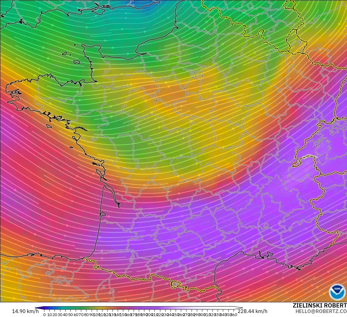 GFS model - France, Wind at 300hPa (jet stream)