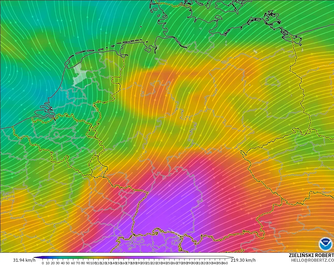 GFS model - Germany, Wind at 300hPa (jet stream)