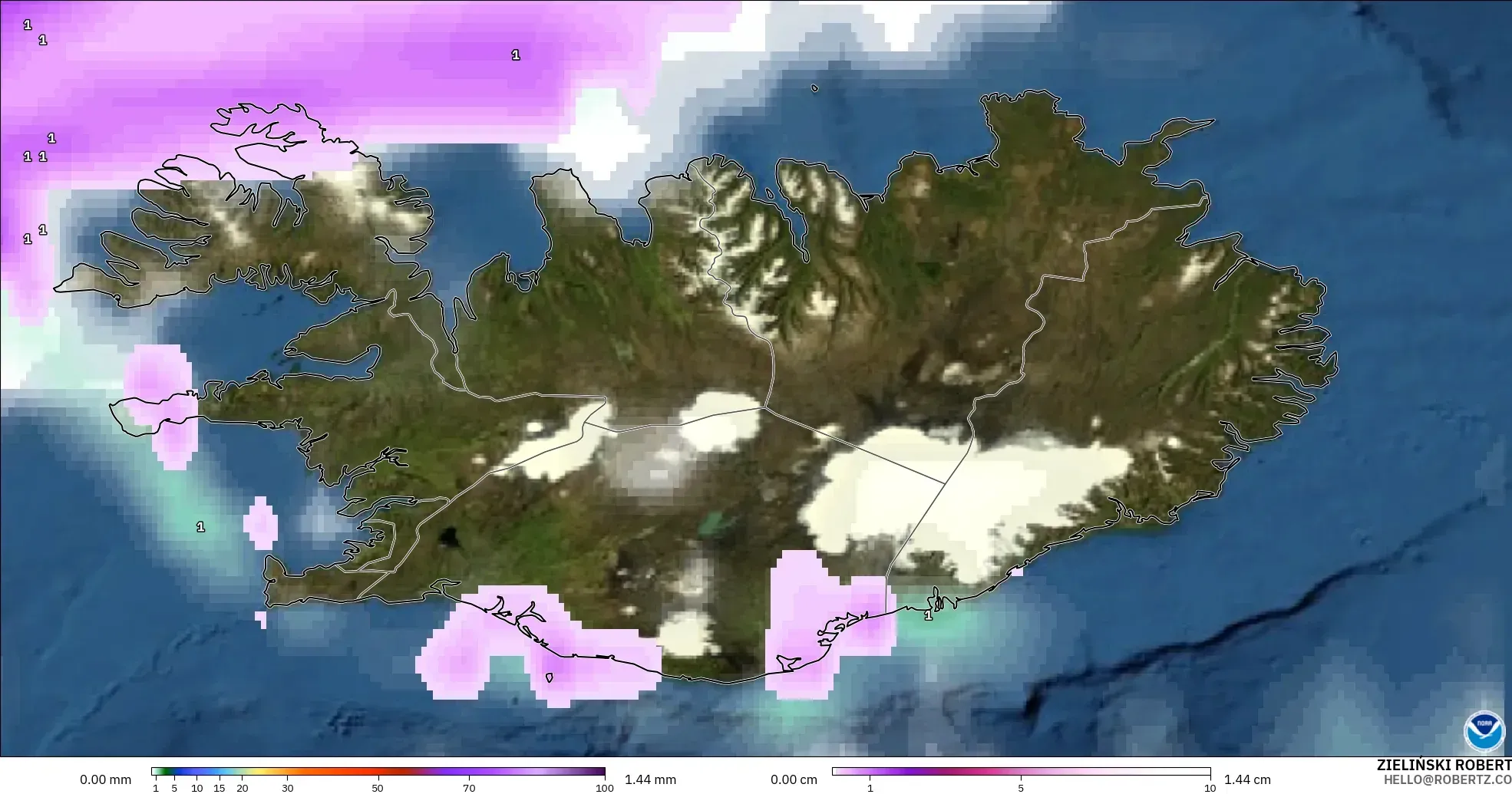 GFS model - Iceland, Precipitation, Clouds, and Pressure