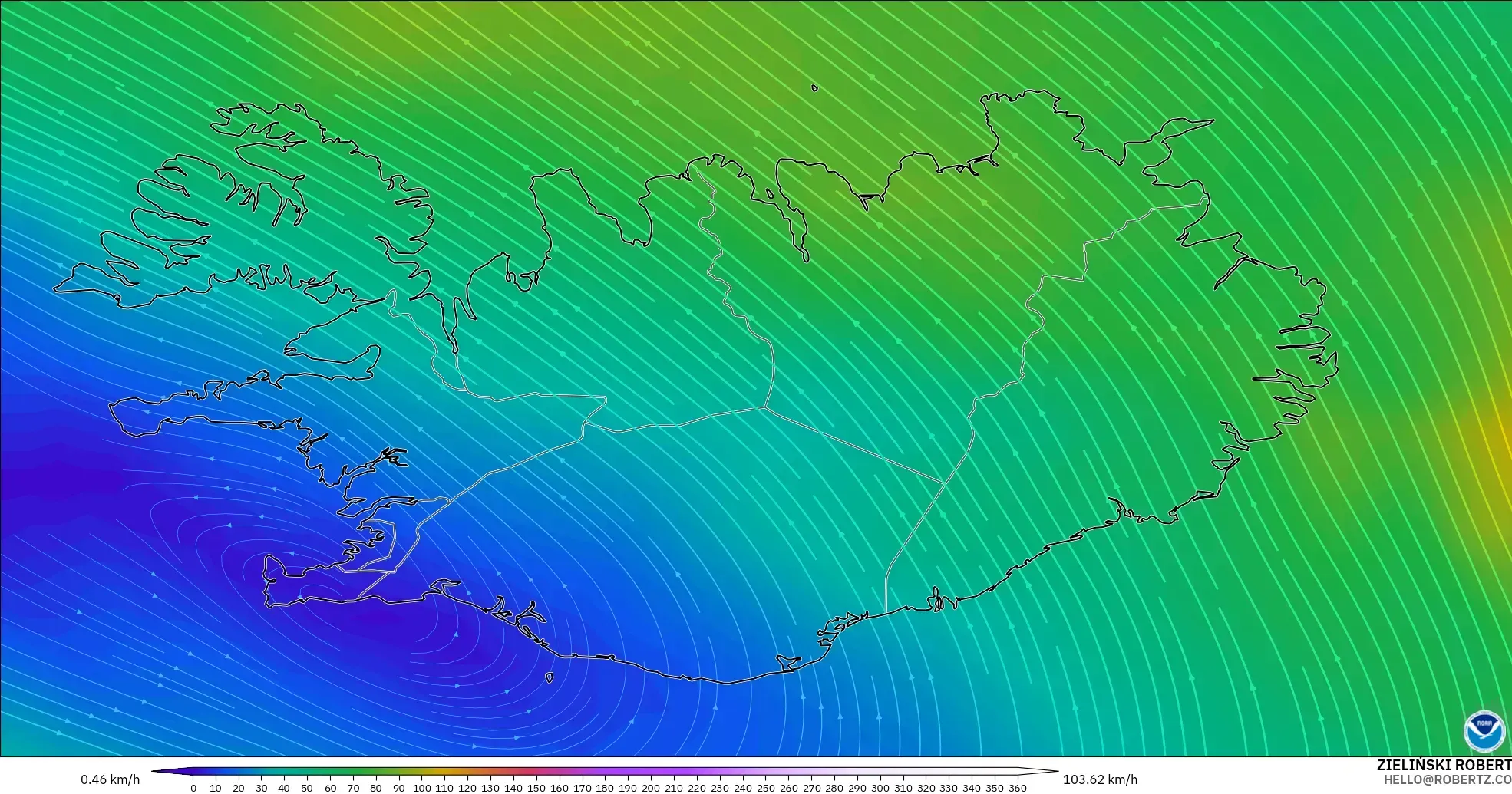GFS model - Iceland, Wind at 300hPa (jet stream)