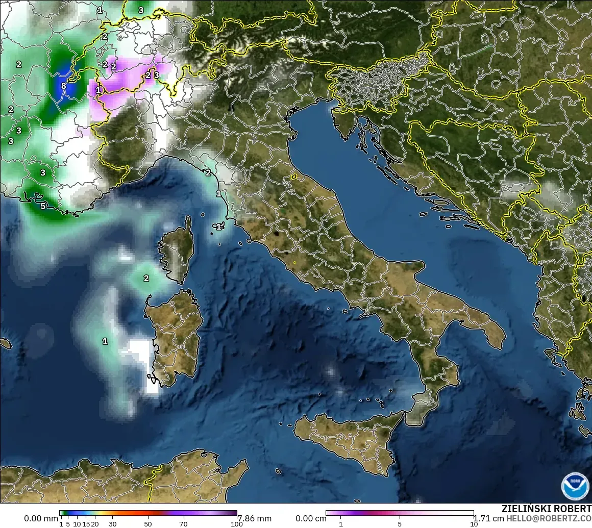 GFS model - Italy, Precipitation, Clouds, and Pressure
