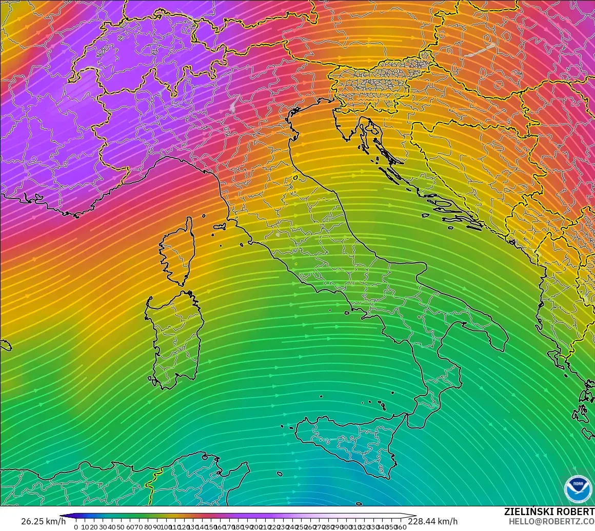 GFS model - Italy, Wind at 300hPa (jet stream)