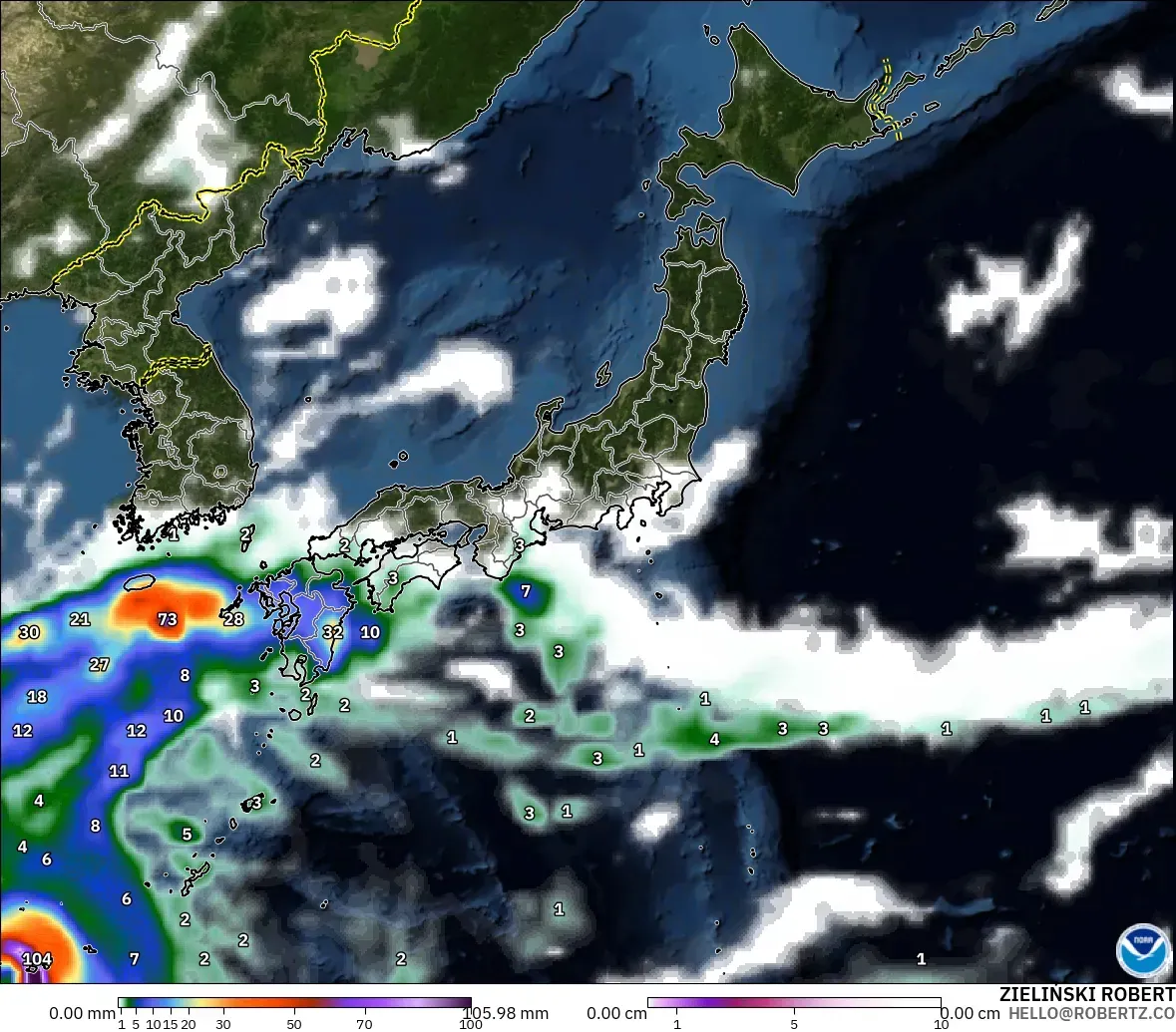GFS model - Japan, Precipitation, Clouds, and Pressure