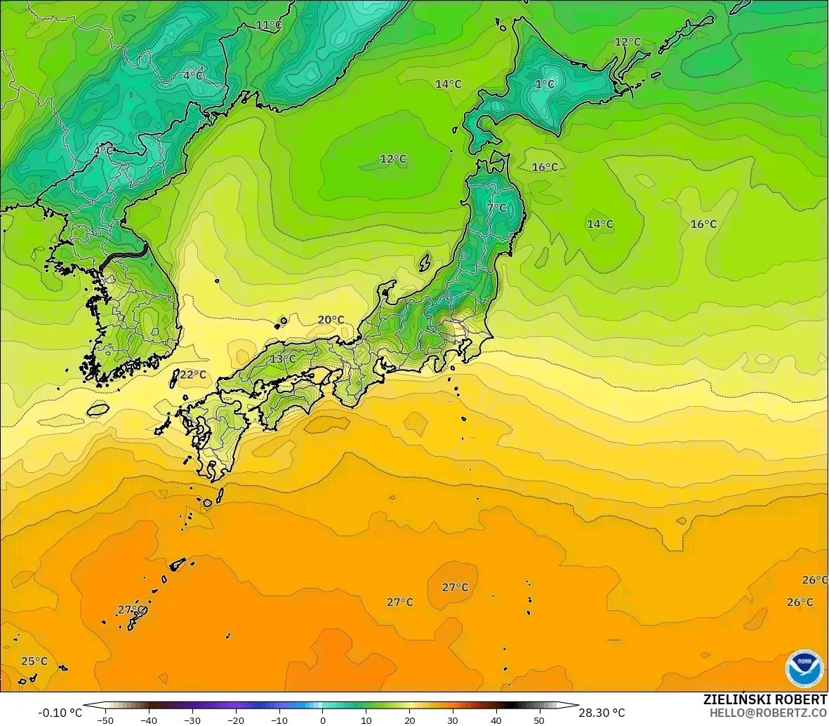 GFS model - Japan, Temperature at 2m