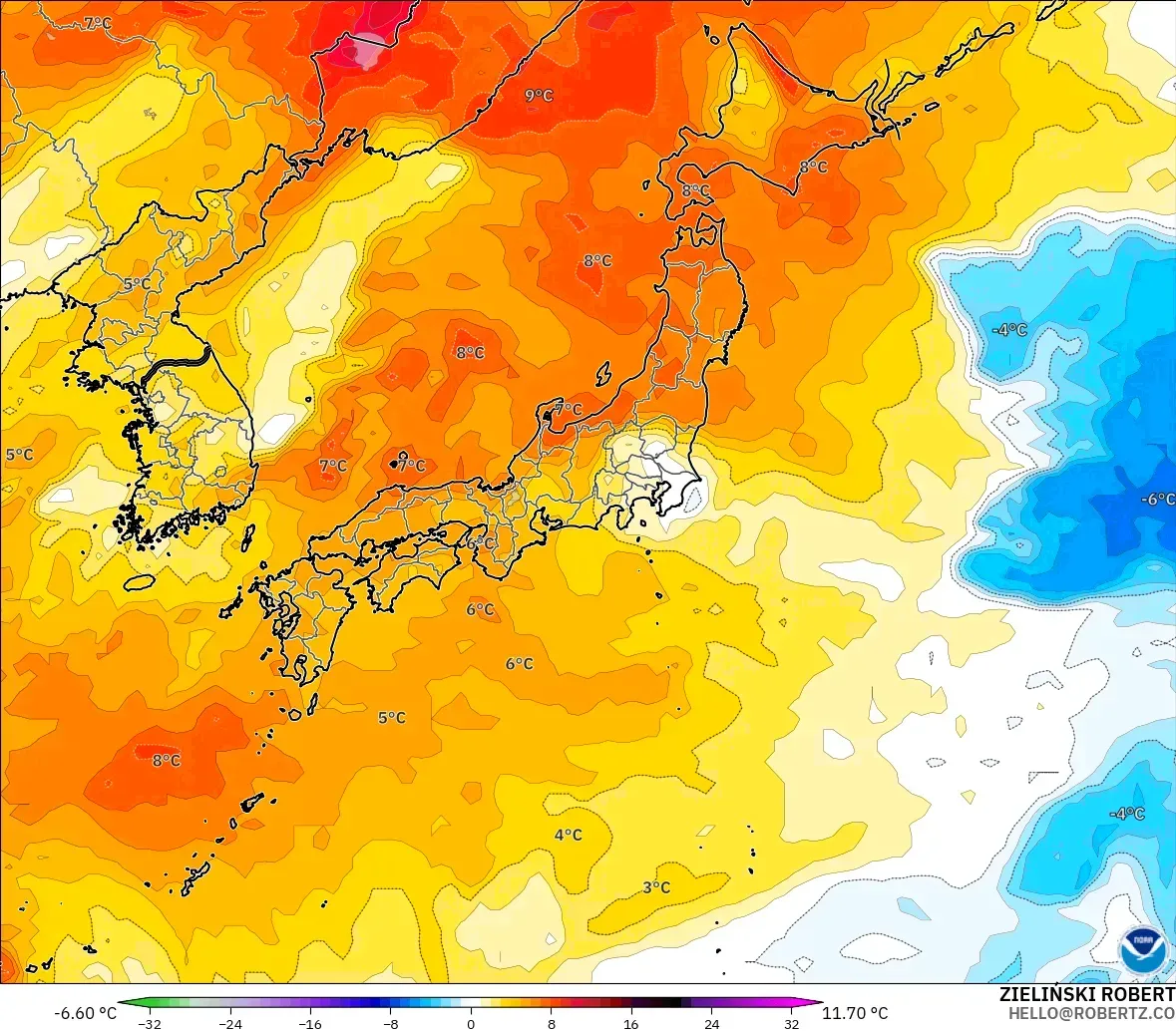 GFS model - Japan, Temperature at 850hPa Anomaly
