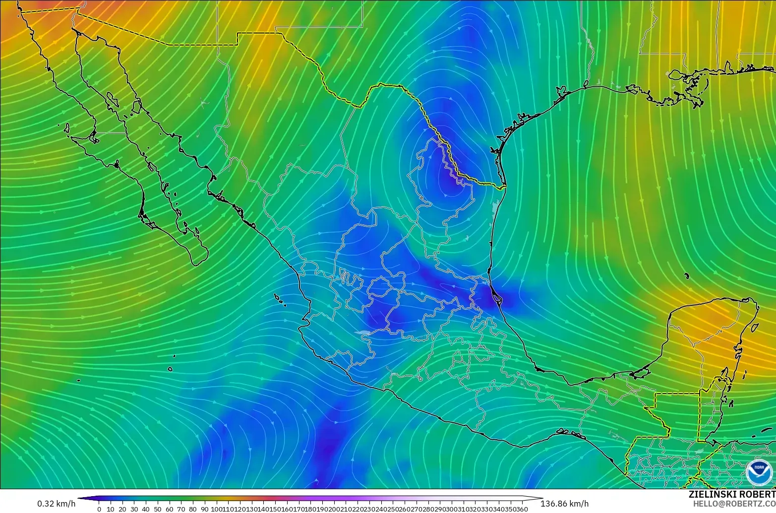GFS model - Mexico, Wind at 300hPa (jet stream)