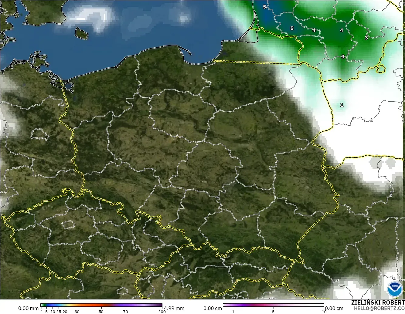 GFS model - Poland, Precipitation, Clouds, and Pressure