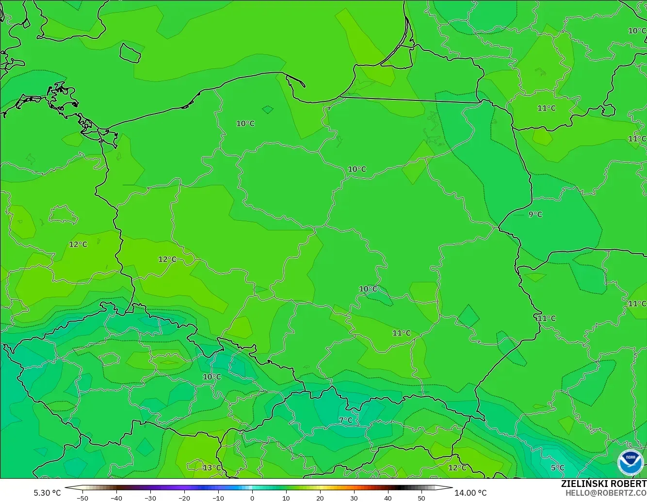 GFS model - Poland, Temperature at 2m