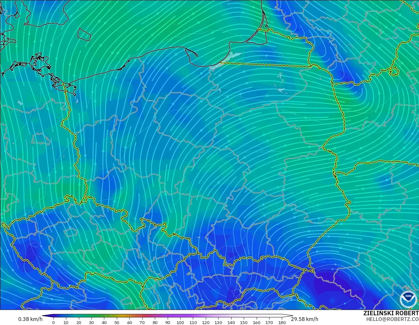 GFS model - Poland, Wind at 10m